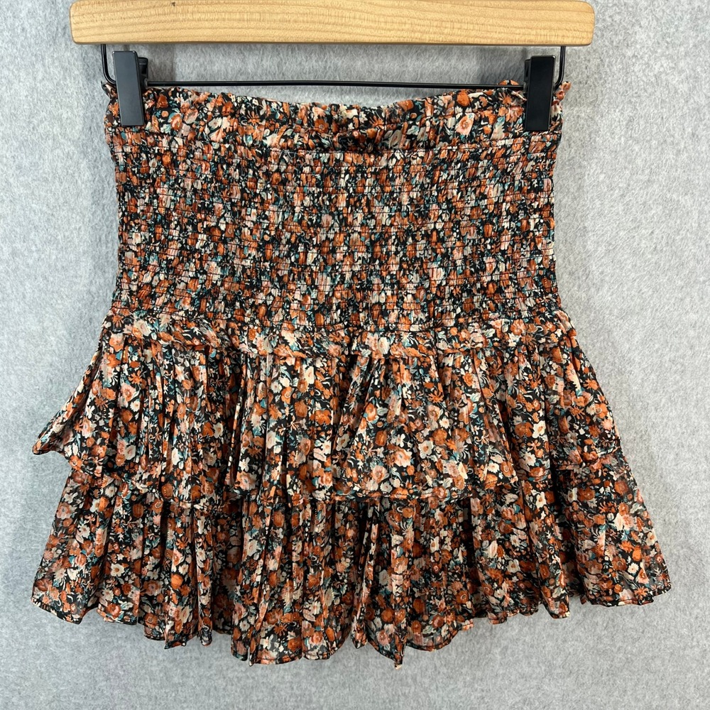 Reset by Jane Floral Smocked Mini Skirt Orange Black Ruffle Tiered JS209J Small